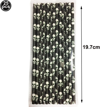 25/50/100pcs Halloween Theme Disposable Paper Straws Spider Skull Pumpkin Bat Pattern Happy Halloween Party Decor Supplies