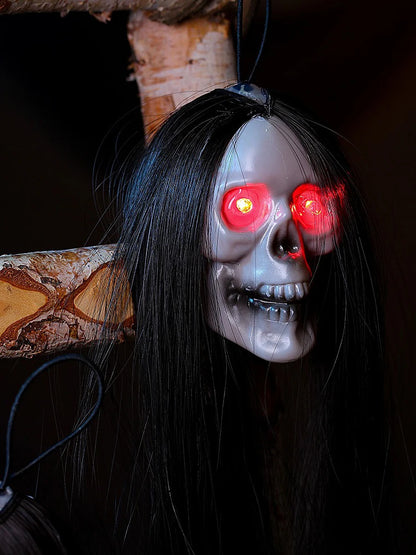 Halloween Hanging Ghost Skull with Long Hair Glowing Eyes Terror Skull Ghost House Head Skeleton Props Horror Decoration