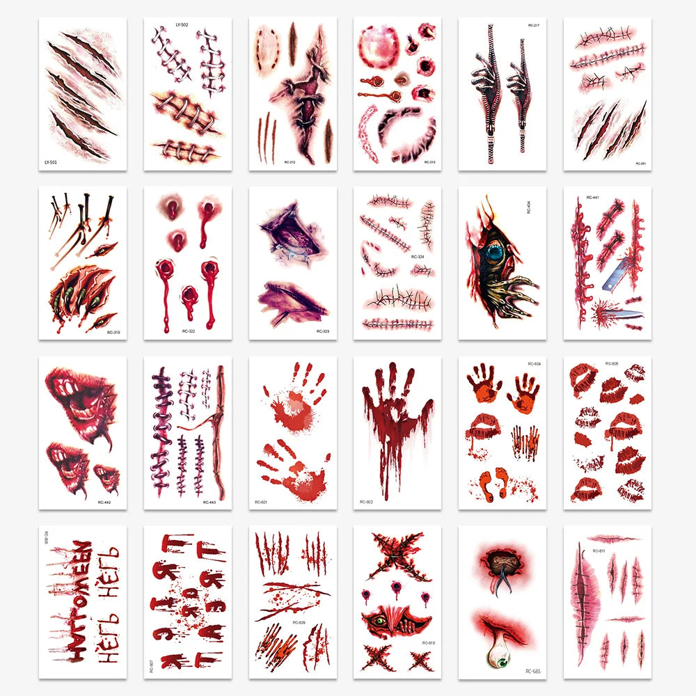 24Sheets Halloween 3D Fake Scar Temporary Tattoos for Adutls, Horror Fake Tattoos Fake Bloody Wound Temporary Zombie Tattoos For