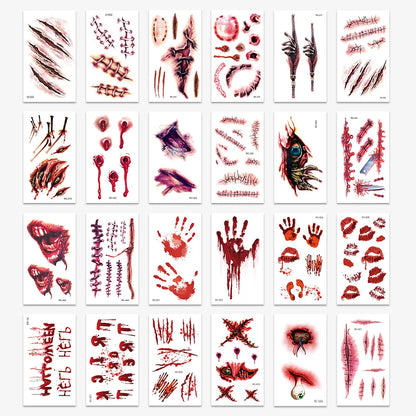 24Sheets Halloween 3D Fake Scar Temporary Tattoos for Adutls, Horror Fake Tattoos Fake Bloody Wound Temporary Zombie Tattoos For