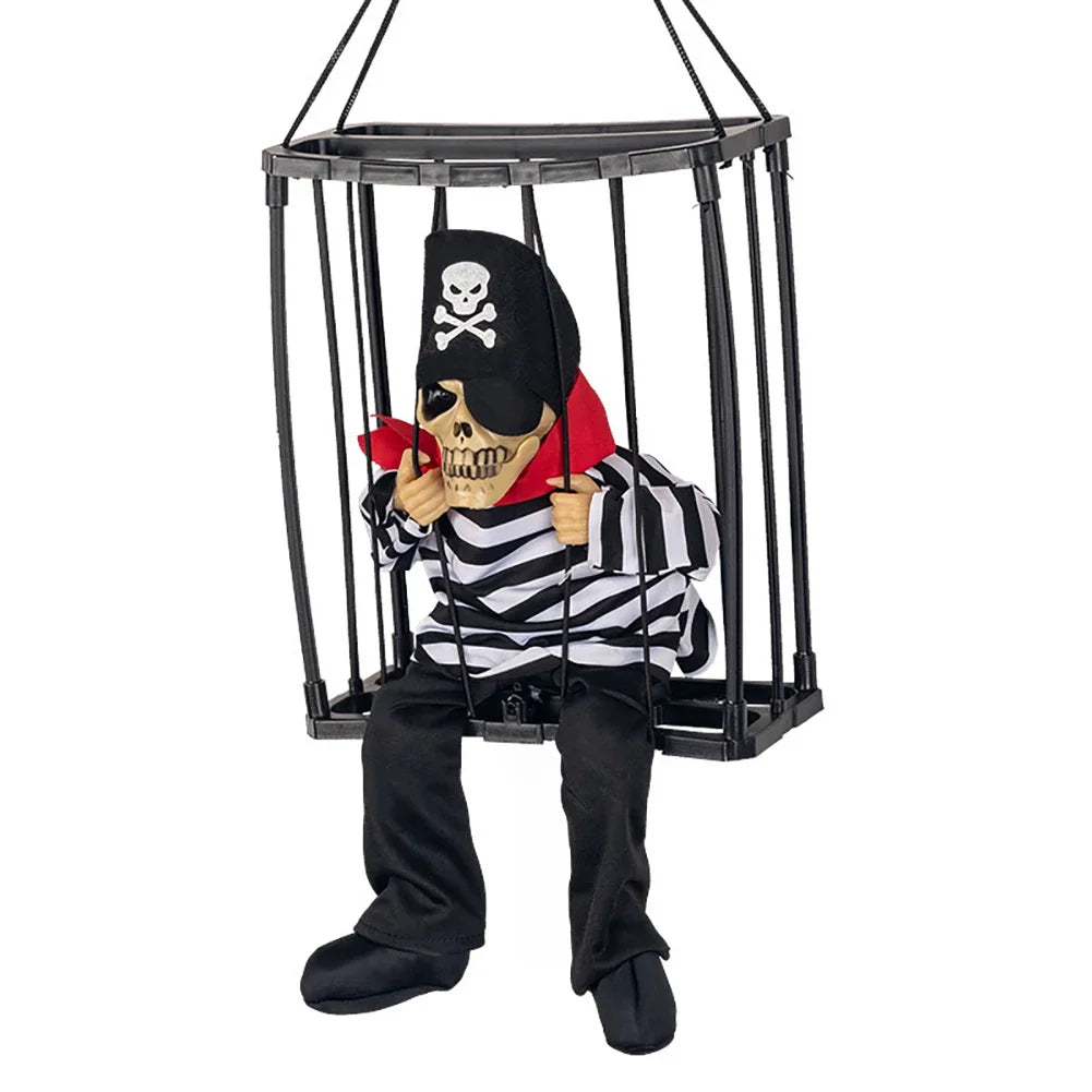 Halloween Scary Skull Decoration Hangable Talking Ghost Prop with Glowing Eye Sound Doll Electric Skeleton Toy in Prisoner Cage