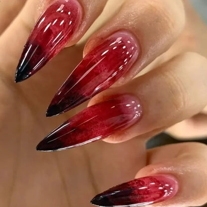 24pcs Red Black Gradient Gothic Fake Nails Press on Nails Long Almond Tree Stripes Designs Punk Frosted False Nails Stiletto