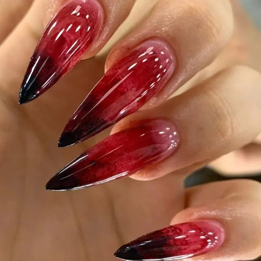 24pcs Red Black Gradient Gothic Fake Nails Press on Nails Long Almond Tree Stripes Designs Punk Frosted False Nails Stiletto
