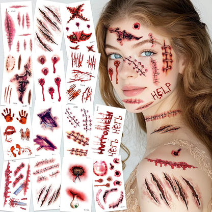 24Sheets Halloween 3D Fake Scar Temporary Tattoos for Adutls, Horror Fake Tattoos Fake Bloody Wound Temporary Zombie Tattoos For