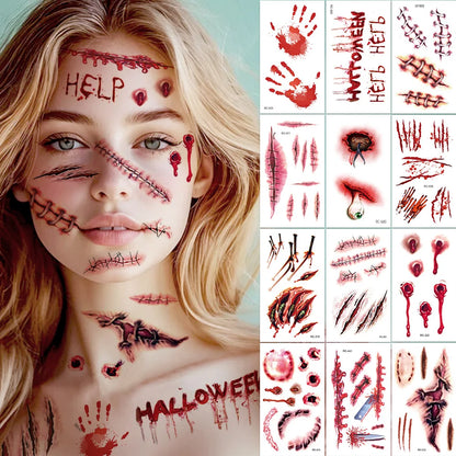 24Sheets Halloween 3D Fake Scar Temporary Tattoos for Adutls, Horror Fake Tattoos Fake Bloody Wound Temporary Zombie Tattoos For