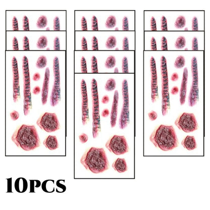 10pcs 3D Fake Scar Tattoos Sticker Body Face Realistic Scab Temporary Tattoos Halloween Horror Wound Bloody DIY Makeup Stickers