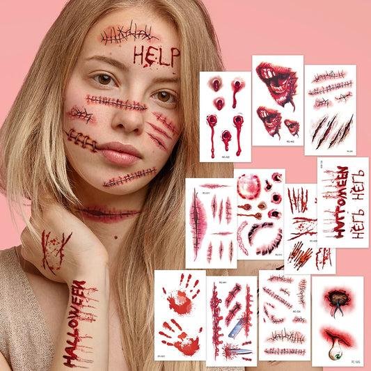 24Sheets Halloween 3D Fake Scar Temporary Tattoos for Adutls, Horror Fake Tattoos Fake Bloody Wound Temporary Zombie Tattoos For