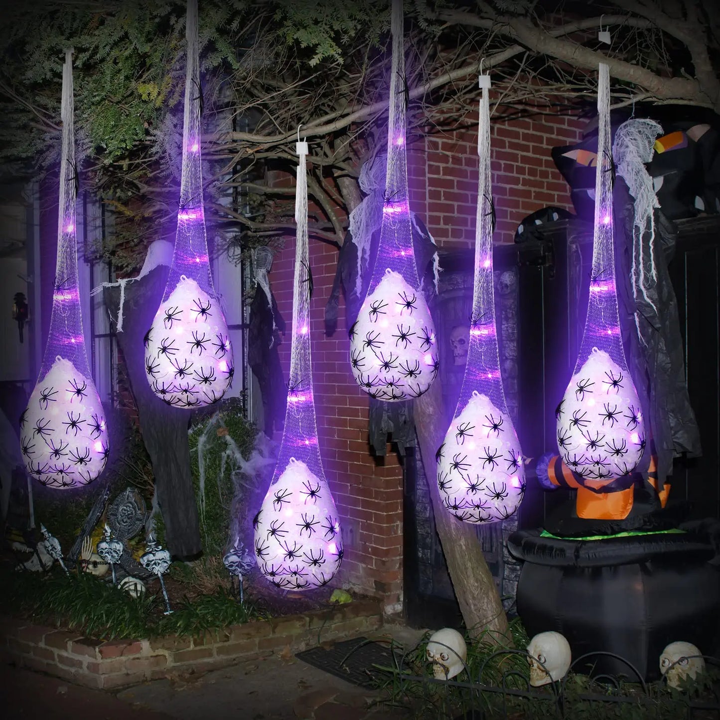 Halloween Hanging Spider Egg Sacs with Lights, Realistic Spiders Haunted House Props for Indoor Outdoor Halloween Party Decor