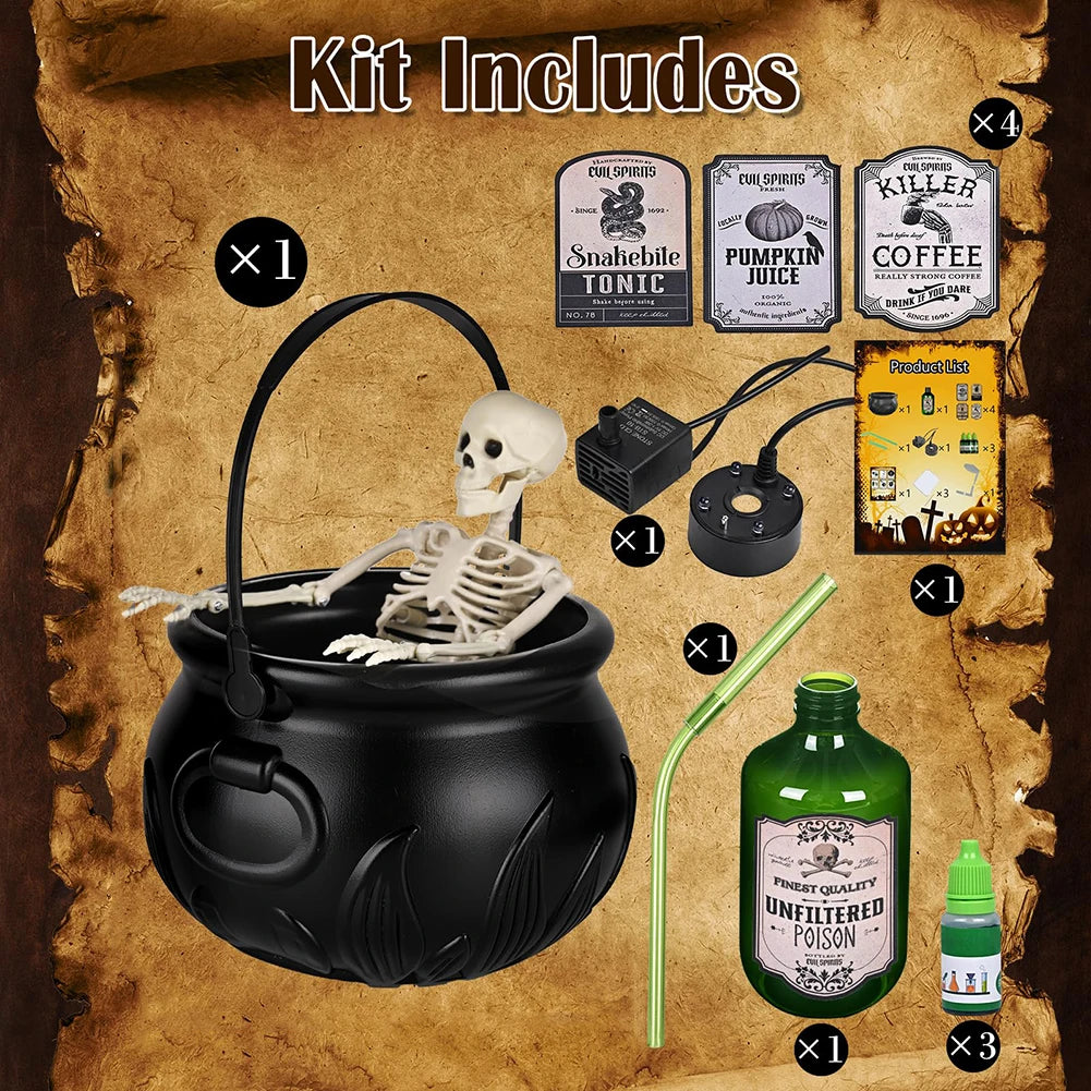 Witch Bowl Spooky Witch Mist Maker Floating Bottle Black Plastic Cauldron & Skeleton  Decor LED