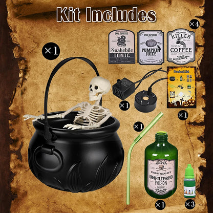 Witch Bowl Spooky Witch Mist Maker Floating Bottle Black Plastic Cauldron & Skeleton  Decor LED