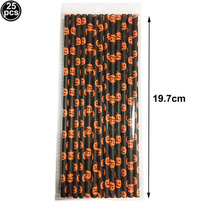25/50/100pcs Halloween Theme Disposable Paper Straws Spider Skull Pumpkin Bat Pattern Happy Halloween Party Decor Supplies