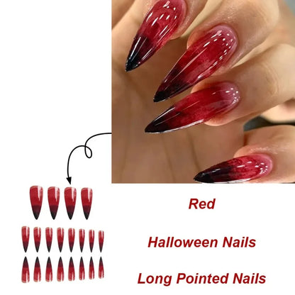 24pcs Red Black Gradient Gothic Fake Nails Press on Nails Long Almond Tree Stripes Designs Punk Frosted False Nails Stiletto
