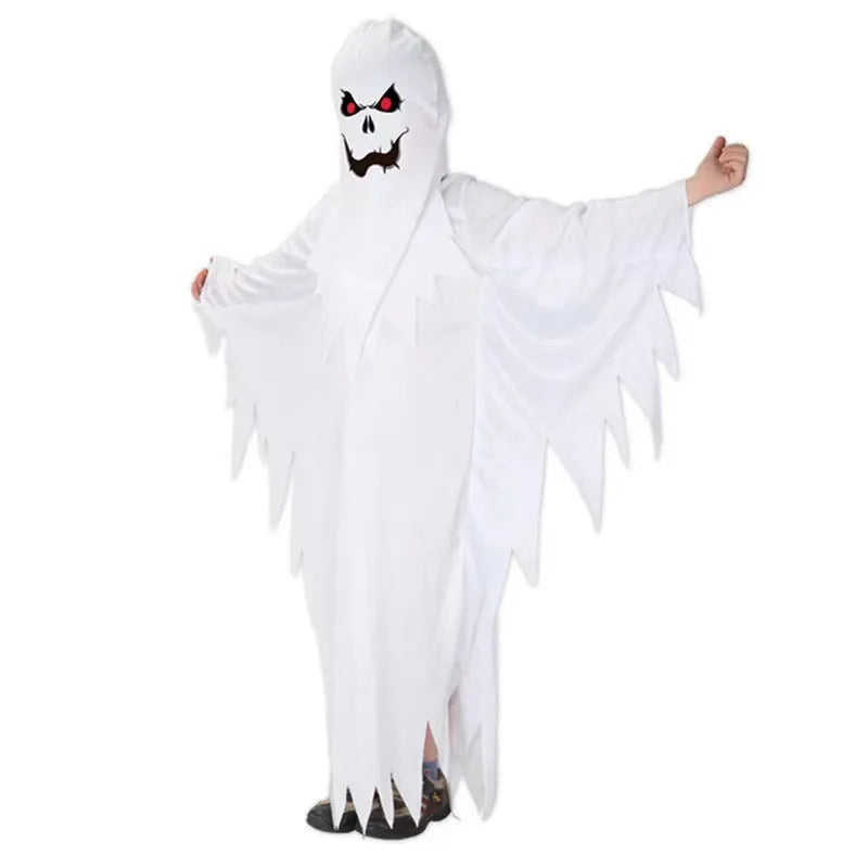 Child Boy Girl Scary White Ghost Halloween Cloak Kids Party Fancy Dress Horror Cape Cosplay Costume Masquerade Carnival Cloak