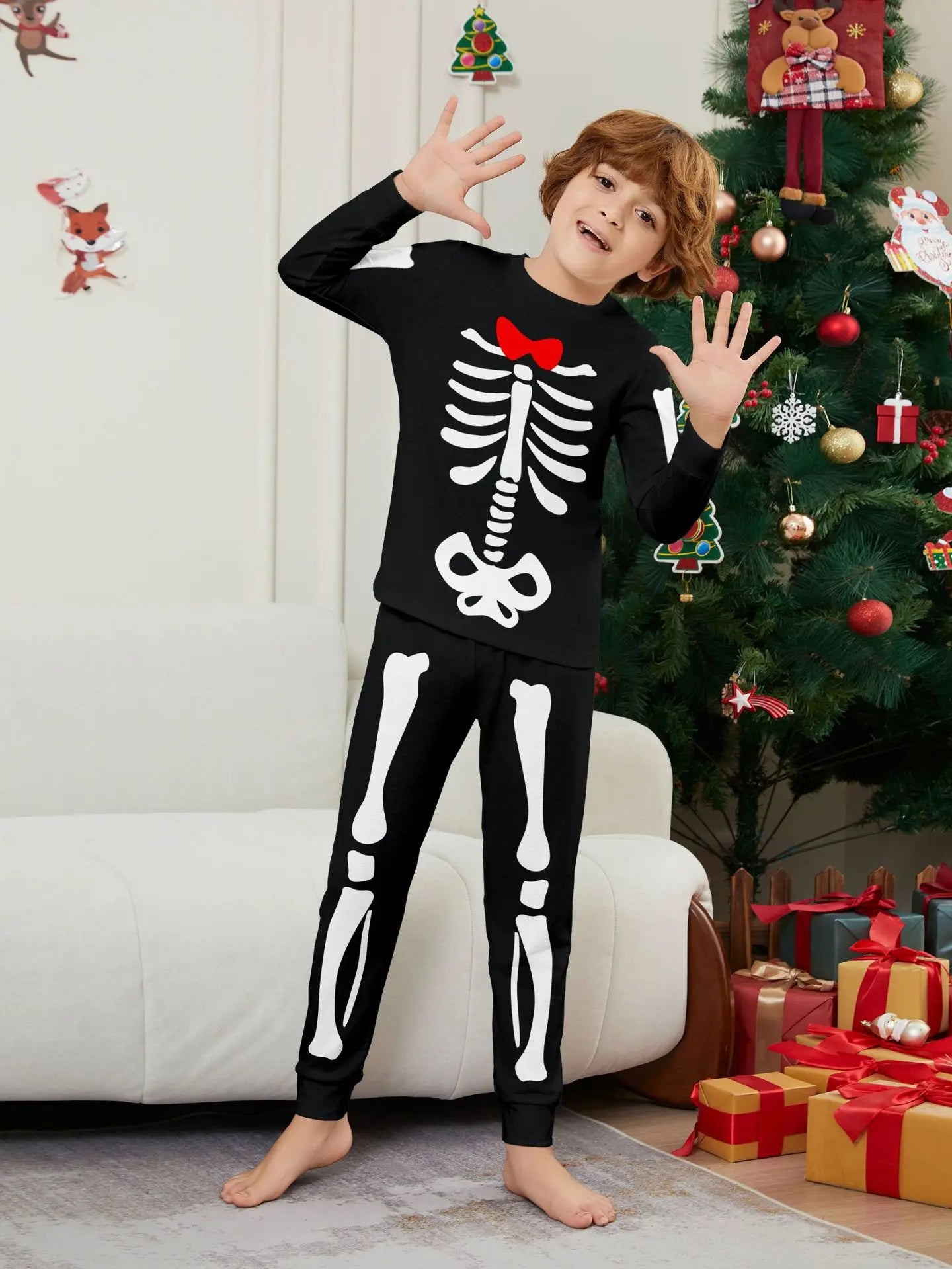 Happy Halloween Family Matching Outfits Skeleton Print Parent-child