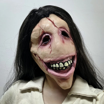 Slit Mouth Woman Mask Scary Female Ghost Hair Creepy Smile Horror Latex Face Cover Halloween Costume Cosplay Party Props Adults