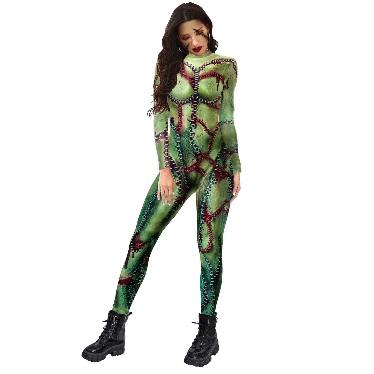 Halloween Cosplay Costumes Women Jumpsuit  Adult Scary Blood Scar 3D Print Nurse Uniform Sexy Slim Terror Party Bodysuit Zenti