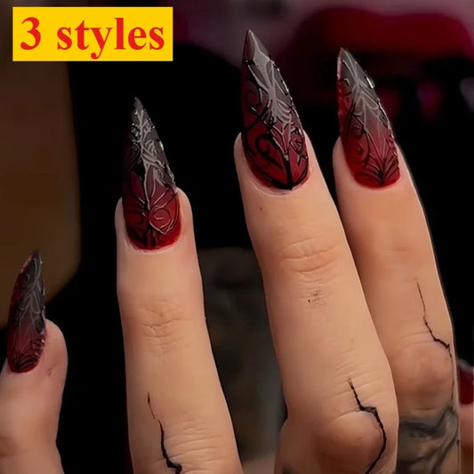 24pcs Red Black Gradient Gothic Fake Nails Press on Nails Long Almond Tree Stripes Designs Punk Frosted False Nails Stiletto