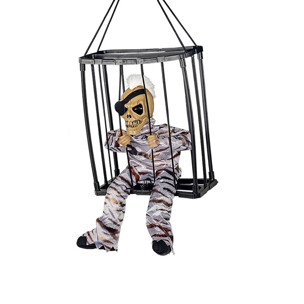 Halloween Scary Skull Decoration Hangable Talking Ghost Prop with Glowing Eye Sound Doll Electric Skeleton Toy in Prisoner Cage