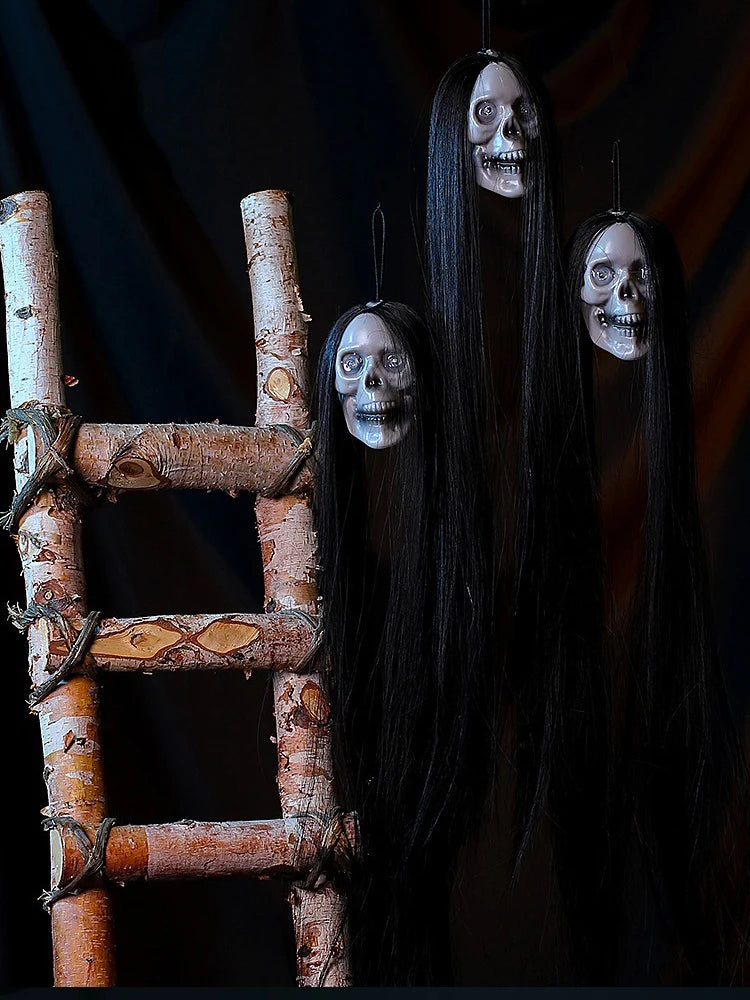Halloween Hanging Ghost Skull with Long Hair Glowing Eyes Terror Skull Ghost House Head Skeleton Props Horror Decoration