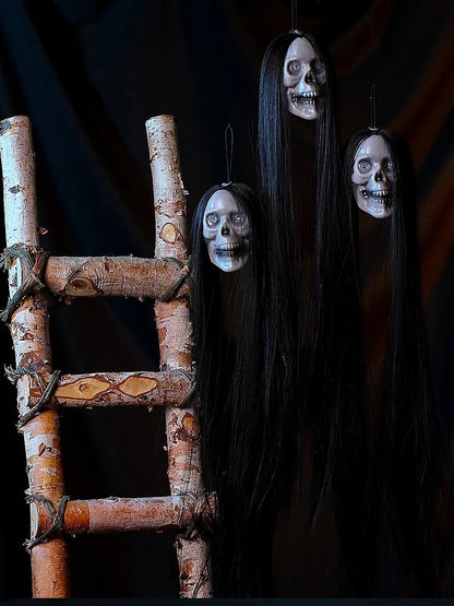 Halloween Hanging Ghost Skull with Long Hair Glowing Eyes Terror Skull Ghost House Head Skeleton Props Horror Decoration