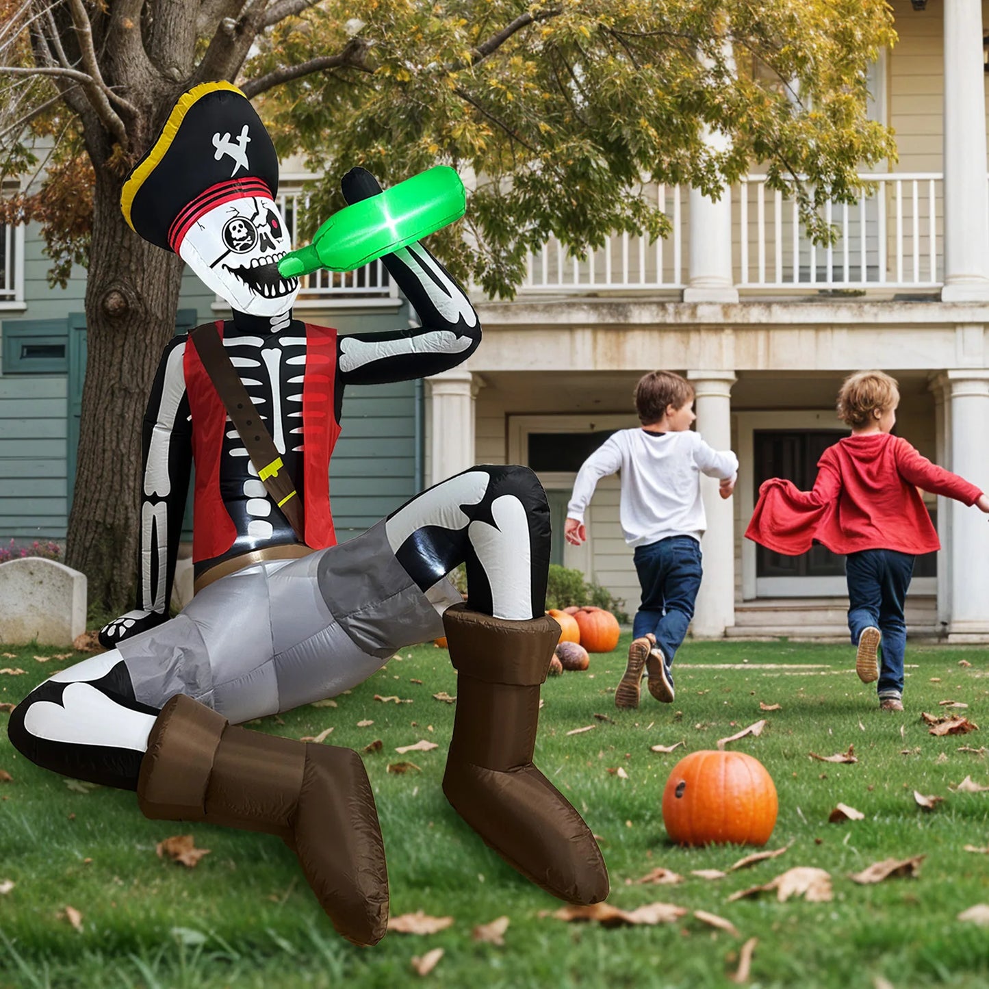OurWarm Halloween Inflatables  Skeleton Decorations Pirate Skeleton Sitting and Drinking , for Yard, Garden, Cemetery