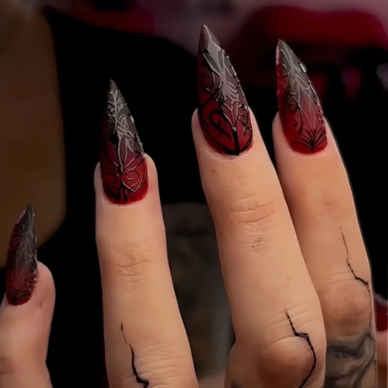 24pcs Red Black Gradient Gothic Fake Nails Press on Nails Long Almond Tree Stripes Designs Punk Frosted False Nails Stiletto