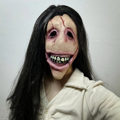 Slit Mouth Woman Mask Scary Female Ghost Hair Creepy Smile Horror Latex Face Cover Halloween Costume Cosplay Party Props Adults